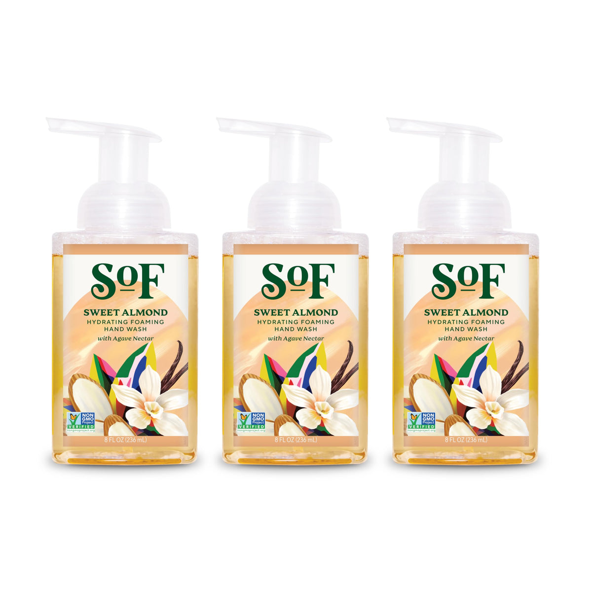 South Of France front packaging showing three sweet almond bottles, conveys trustworthy quality