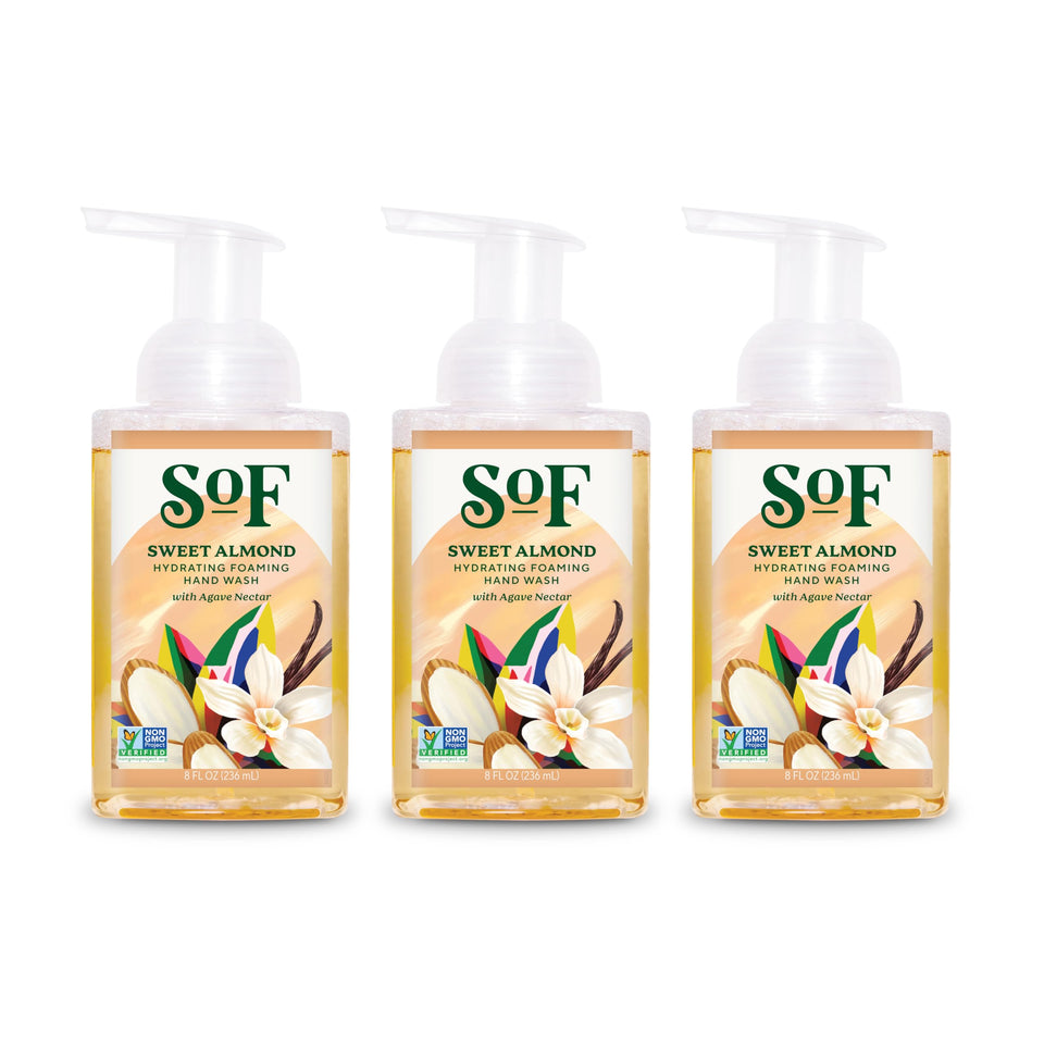 South Of France front packaging showing three sweet almond bottles, conveys trustworthy quality