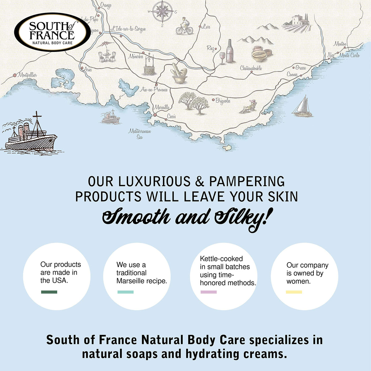 South Of France bars on a bathroom shelf creating a fragrant, decorative benefit