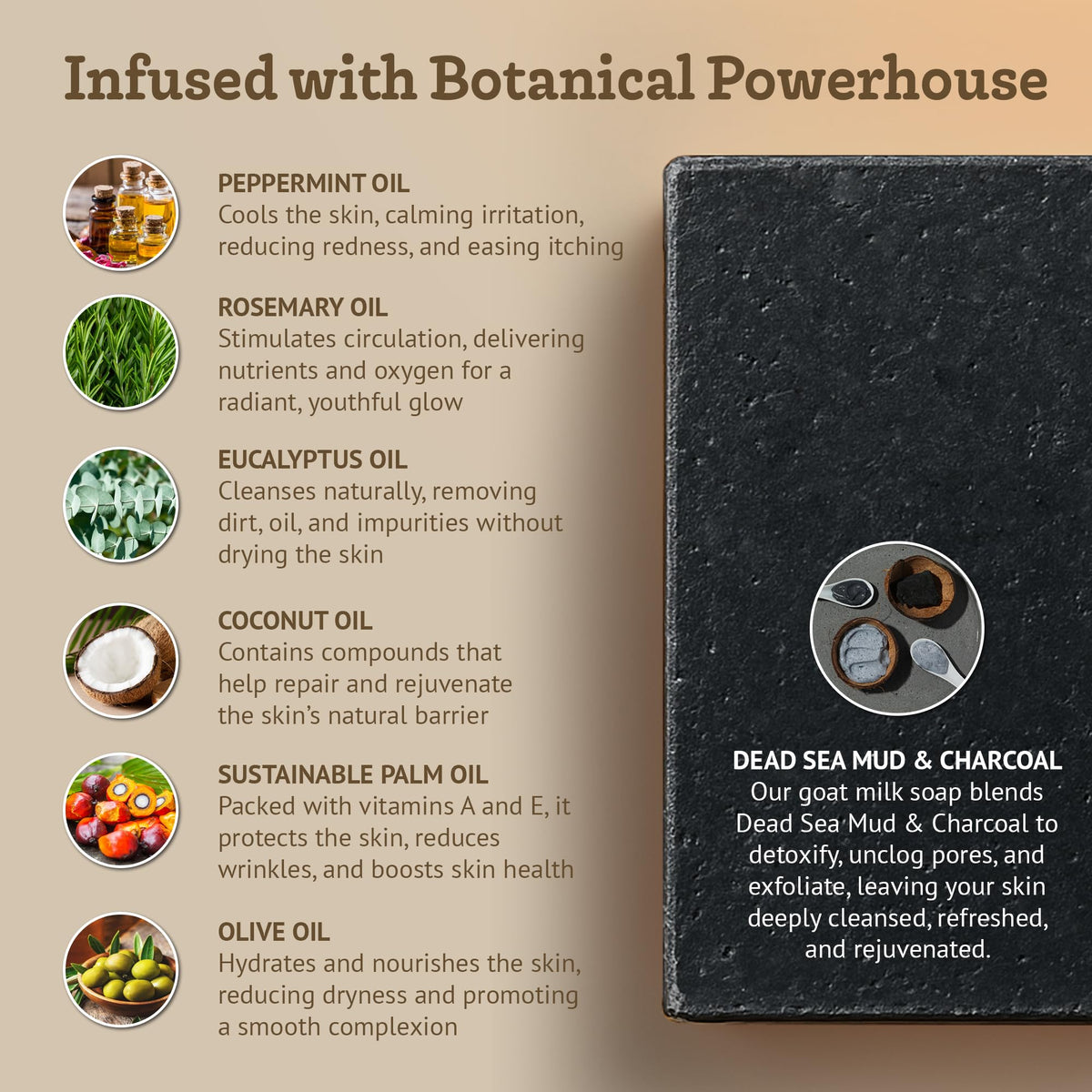 Southern Natural close-up of activated charcoal soap texture for deep cleanse