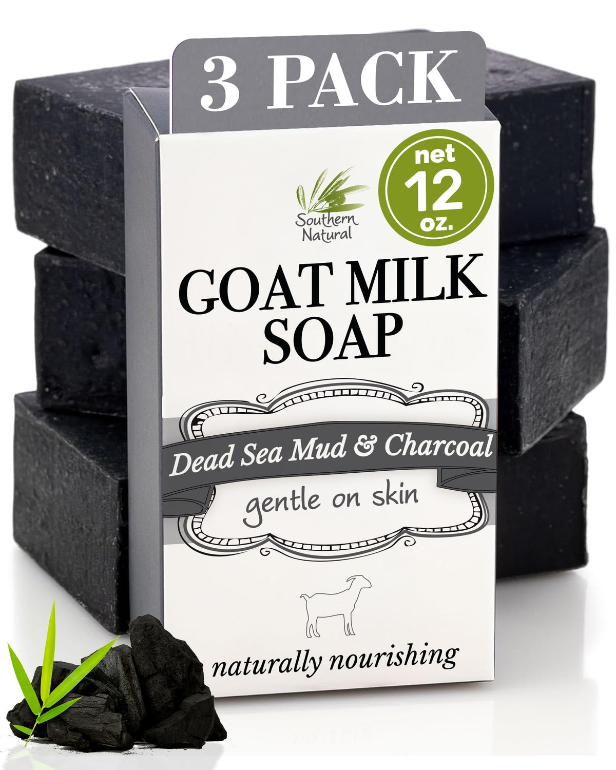 Southern Natural front packaging showing three charcoal soap bars and benefits