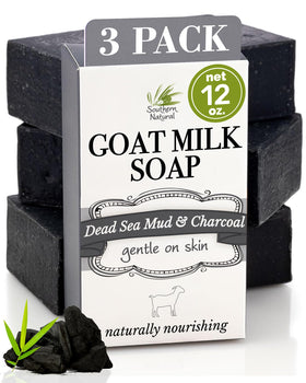 Southern Natural front packaging showing three charcoal soap bars and benefits