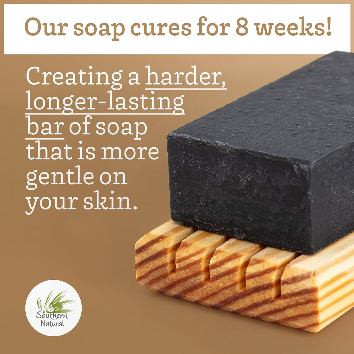 Southern Natural soap held in hand showing bar size and travel convenience