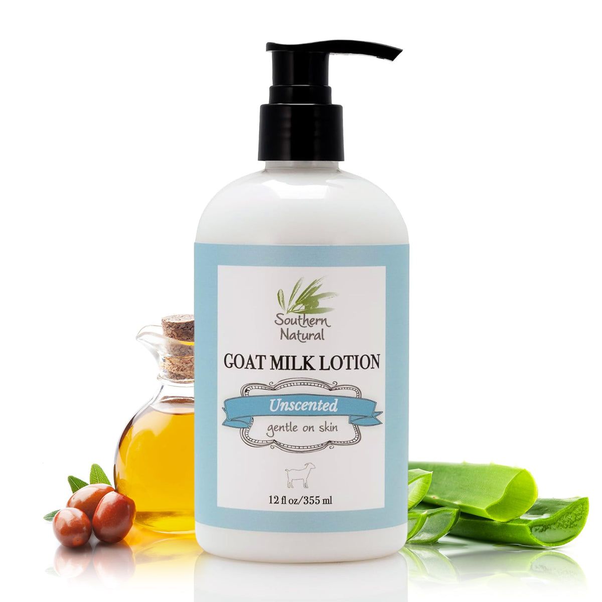 Southern Natural goat milk lotion front view showing unscented 12oz bottle and benefits