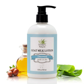 Southern Natural goat milk lotion front view showing unscented 12oz bottle and benefits