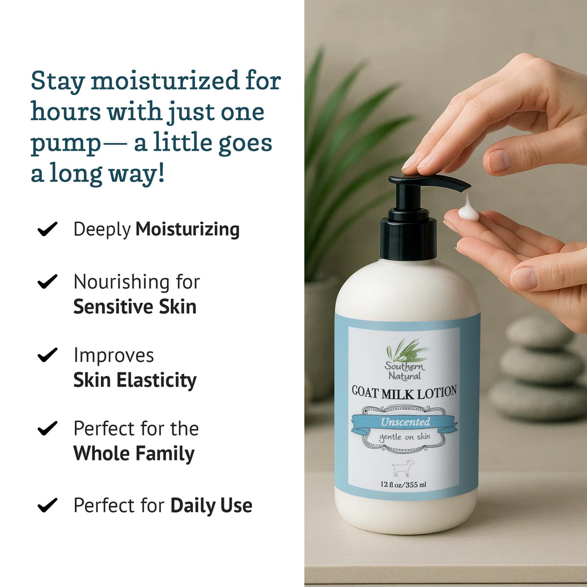 Southern Natural ingredients flatlay with goat milk, aloe vera and jojoba oil benefits