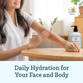 Southern Natural lotion placed in bathroom beside towel showing everyday routine benefit