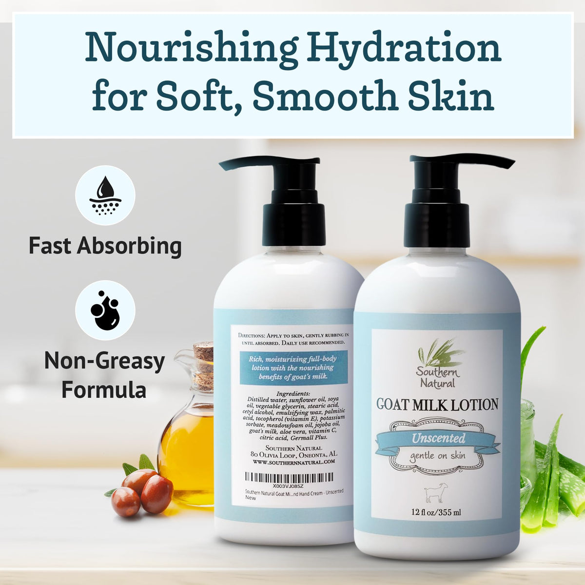 Southern Natural close-up texture of lotion absorbing quickly for non-greasy hydration