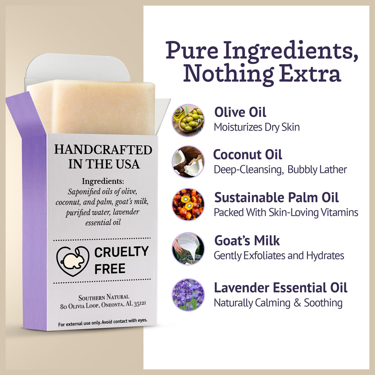 Southern Natural soap lather on hand demonstrating rich foam and gentle cleansing benefit