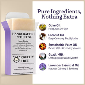 Southern Natural soap lather on hand demonstrating rich foam and gentle cleansing benefit