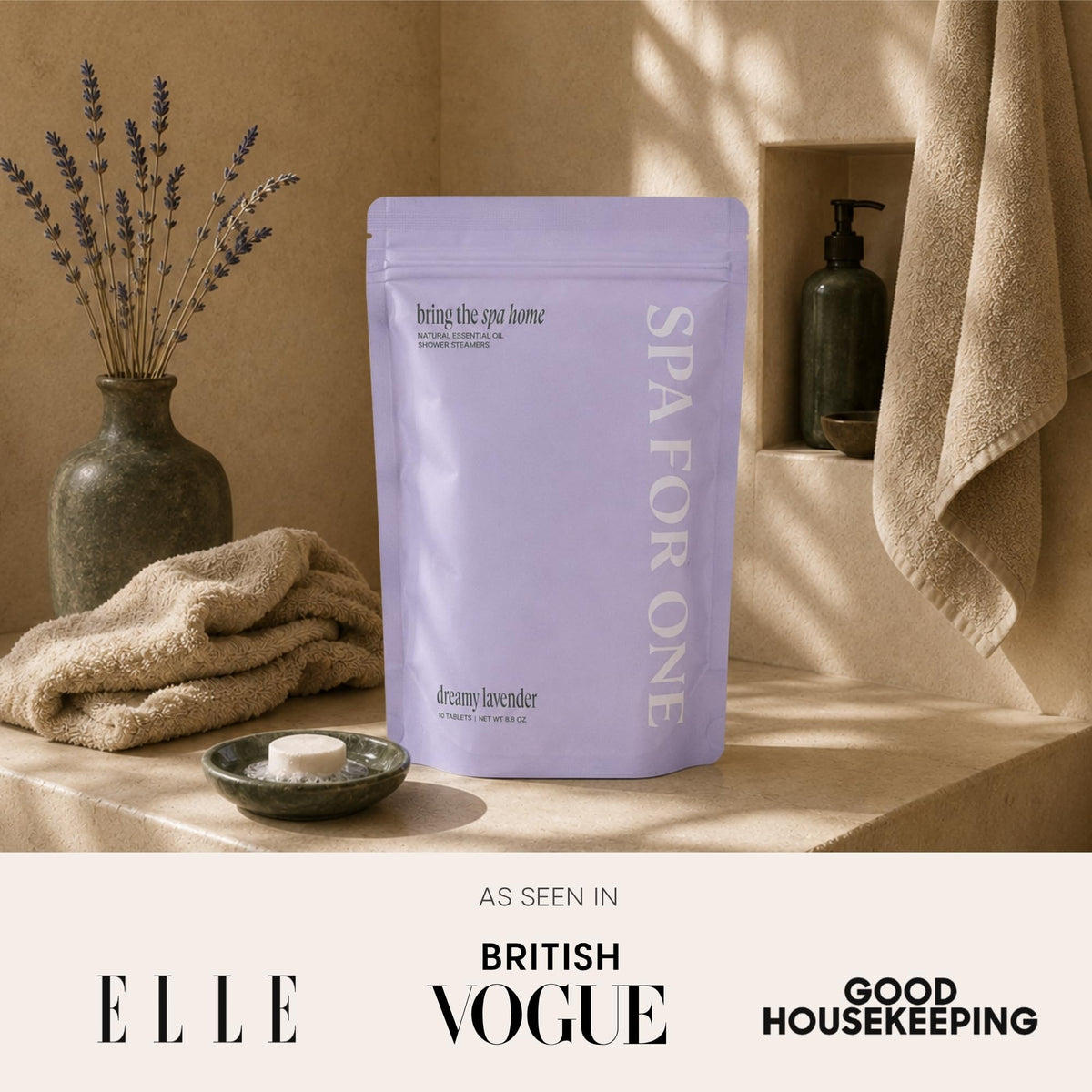 Spa For One lavender sprig with tablet to emphasize natural ingredients