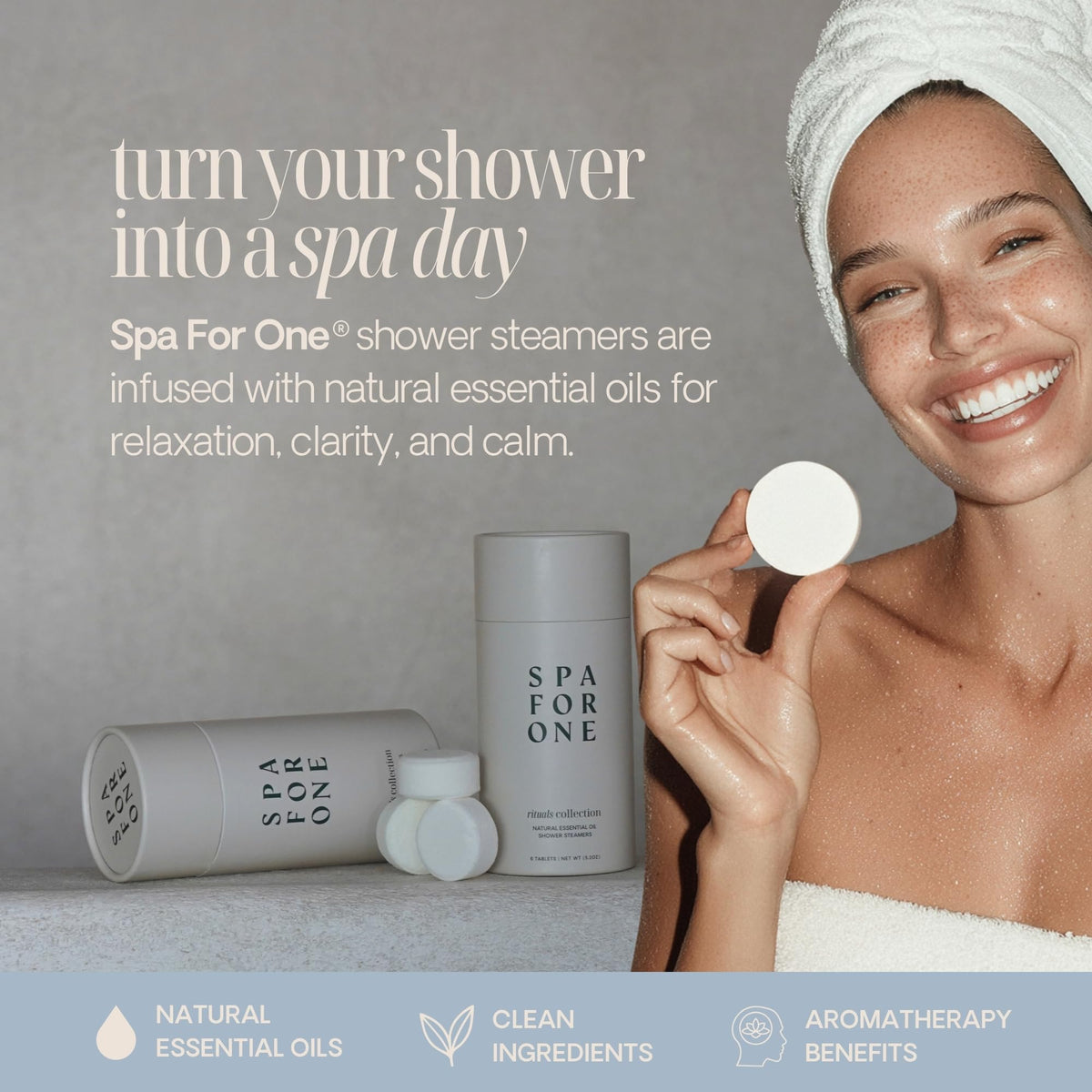 Spa For One tablet on shower floor releasing steam for spa-like benefit