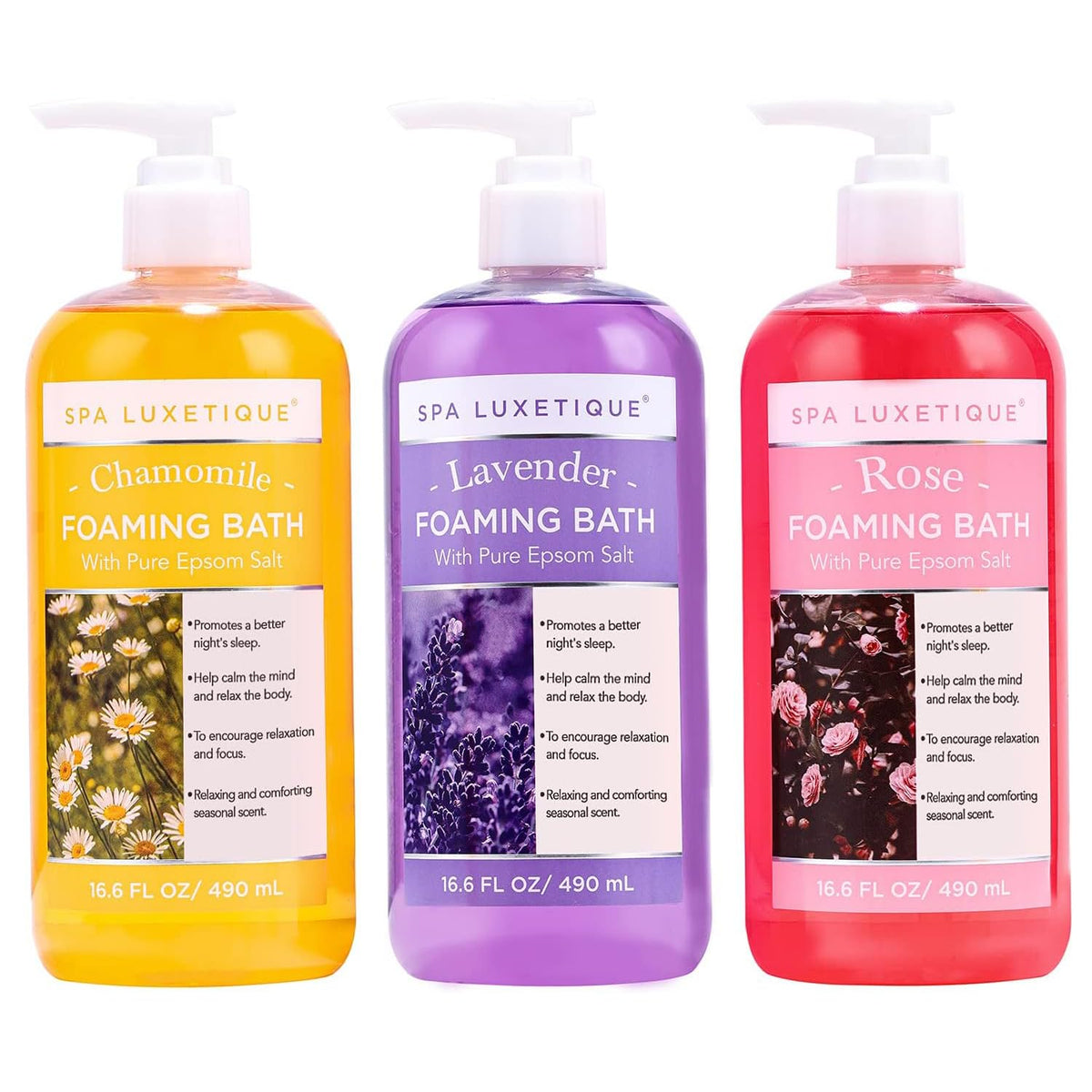 spa luxetique front bottles trio showing chamomile rose lavender scents and clear labeling for gifting
