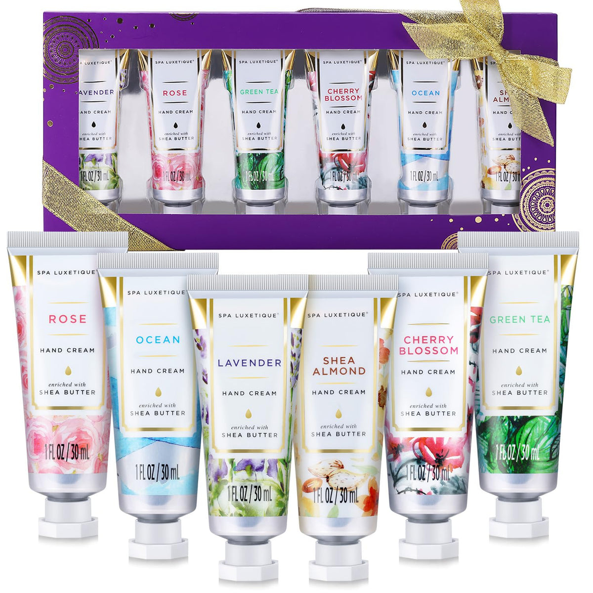 spa luxetique front packaging showing six travel tubes and gift-ready presentation