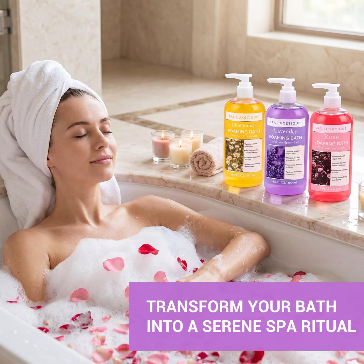spa luxetique pouring into tub under running water to create abundant foam for a relaxing soak