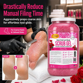 SPA REDI gel being applied to a foot demonstrating controlled exfoliation and smoother skin benefit