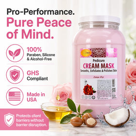 SPA REDI cream mask size comparison with hand to show 128 oz professional volume