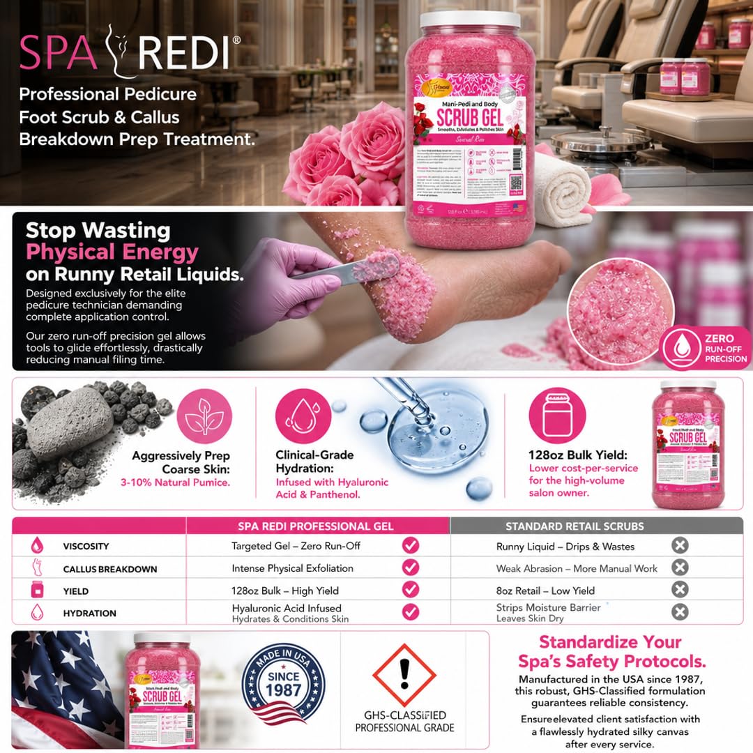 SPA REDI gallon next to retail bottle for size comparison, emphasizing cost-effective salon supply benefit
