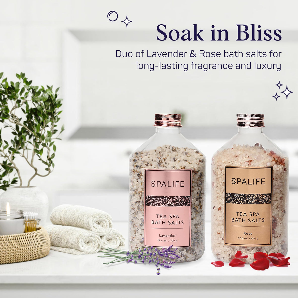 SpaLife close-up of rose and lavender petals and salt texture for visual luxury