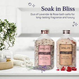 SpaLife close-up of rose and lavender petals and salt texture for visual luxury