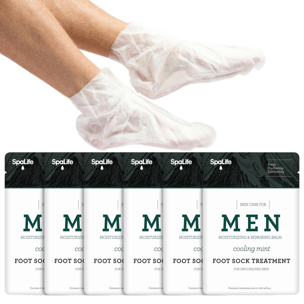 SpaLife front packaging showing mint balm and six pairs of socks for quick recovery