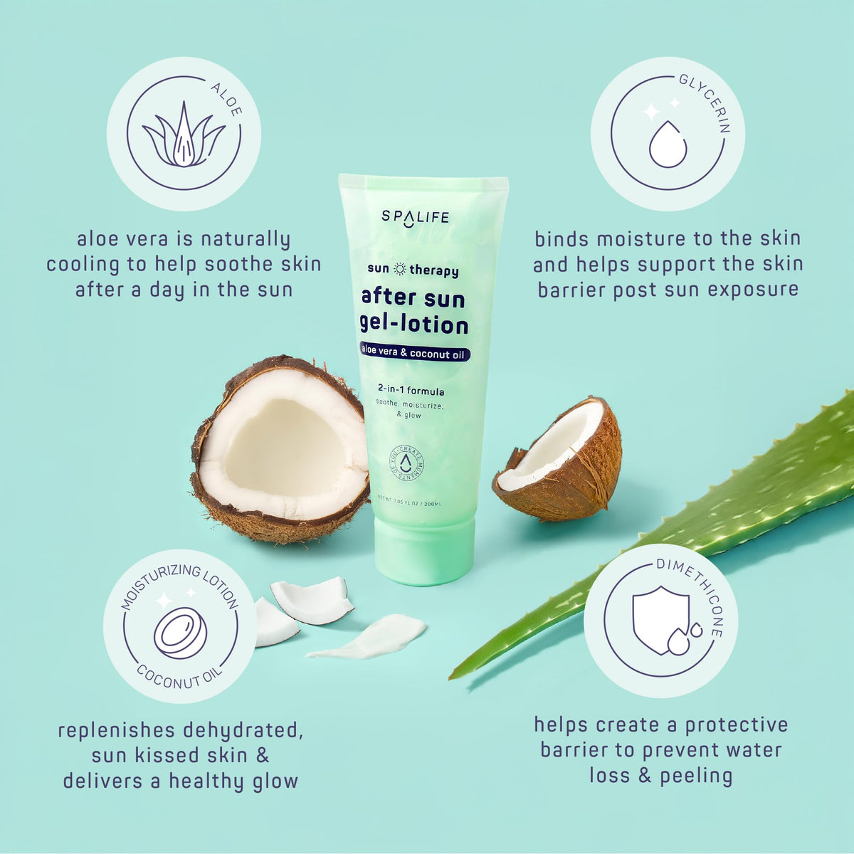 SpaLife with aloe vera leaf detail emphasizing soothing cooling benefit