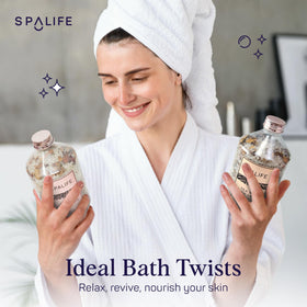 SpaLife rose jar label detail highlighting scent and real petals benefit