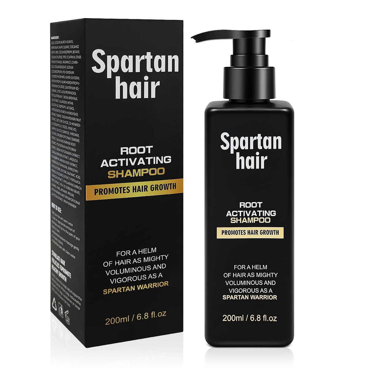 SPARTAN HAIR front bottle shot showing label and 200ml size benefit