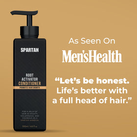 SPARTAN in-use shower scene showing conditioner application and scalp coverage benefit