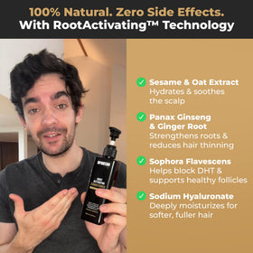 SPARTAN with hazelnut oil bottle highlighting botanical ingredients for stronger hair