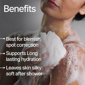 SpaScriptions body wash in palm demonstrating consistency and gentle exfoliation benefit