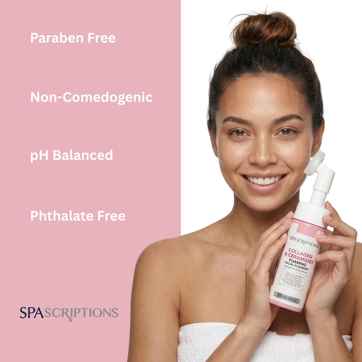 SpaScriptions label closeup featuring collagen and ceramides benefits