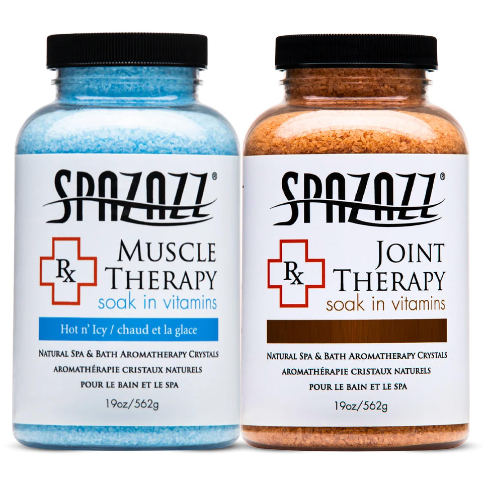 Spazazz front packaging showing both muscle and joint therapy jars and clear benefits