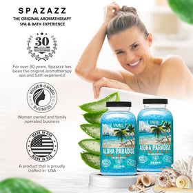 Ingredients label on Spazazz jar listing magnesium sulfate and aloe benefits
