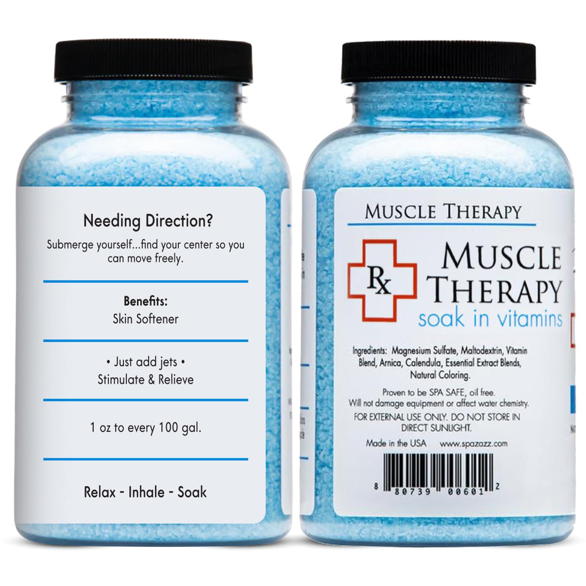 Spazazz open jar of Muscle Therapy crystals illustrating easy-to-dissolve benefits