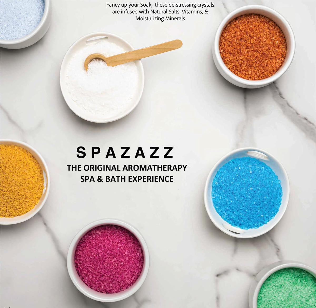 Spazazz jar with measuring cap showing product size and dosing