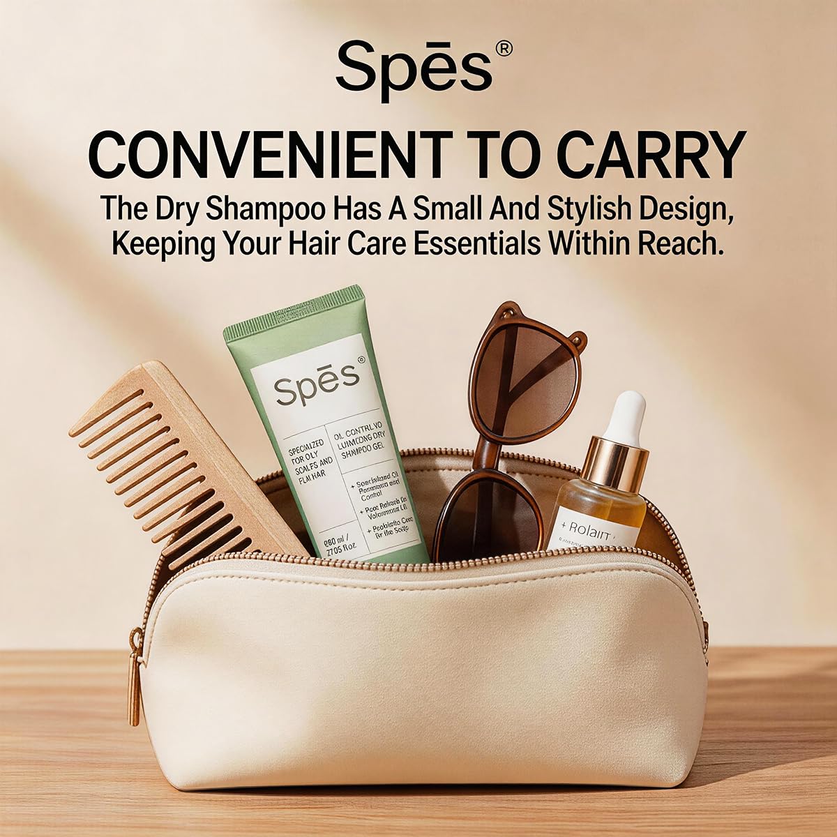 Woman using Spes dry shampoo in a cafe showcasing on-the-go refresh benefit
