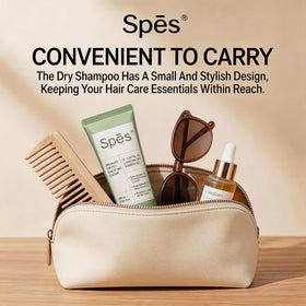 Woman using Spes dry shampoo in a cafe showcasing on-the-go refresh benefit