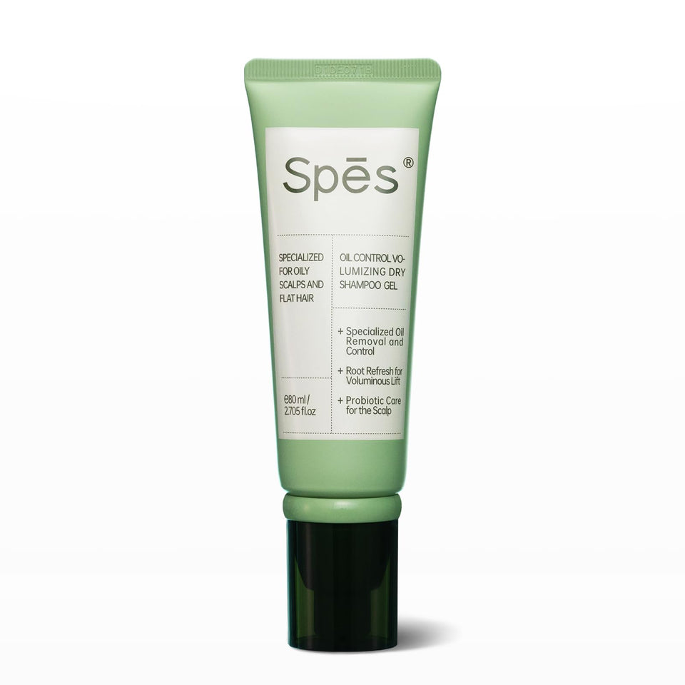 Spes tube front view showing cedar-scented dry shampoo gel and compact benefit