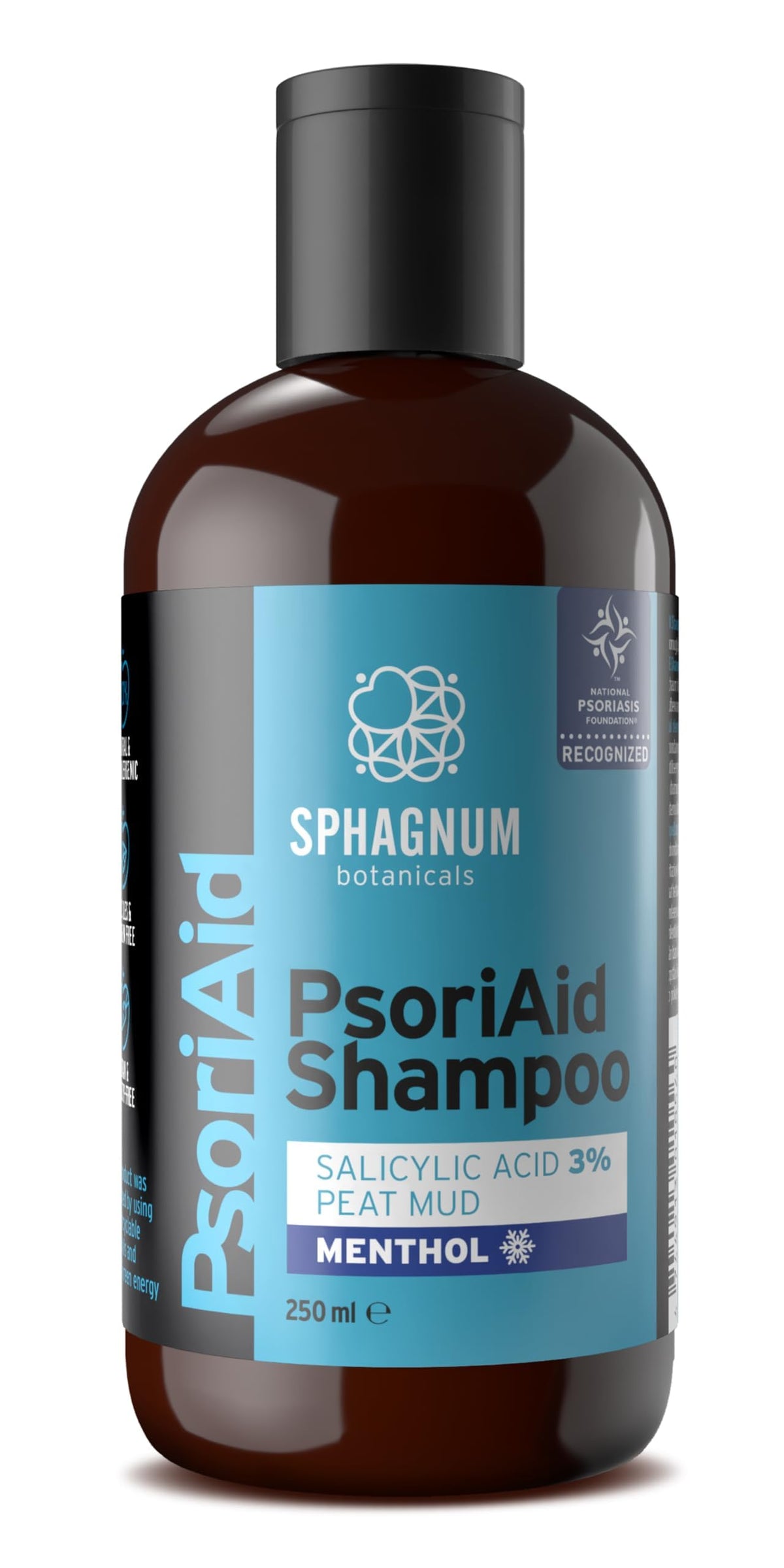 Sphagnum Botanicals front bottle view showing clear medicated shampoo benefits
