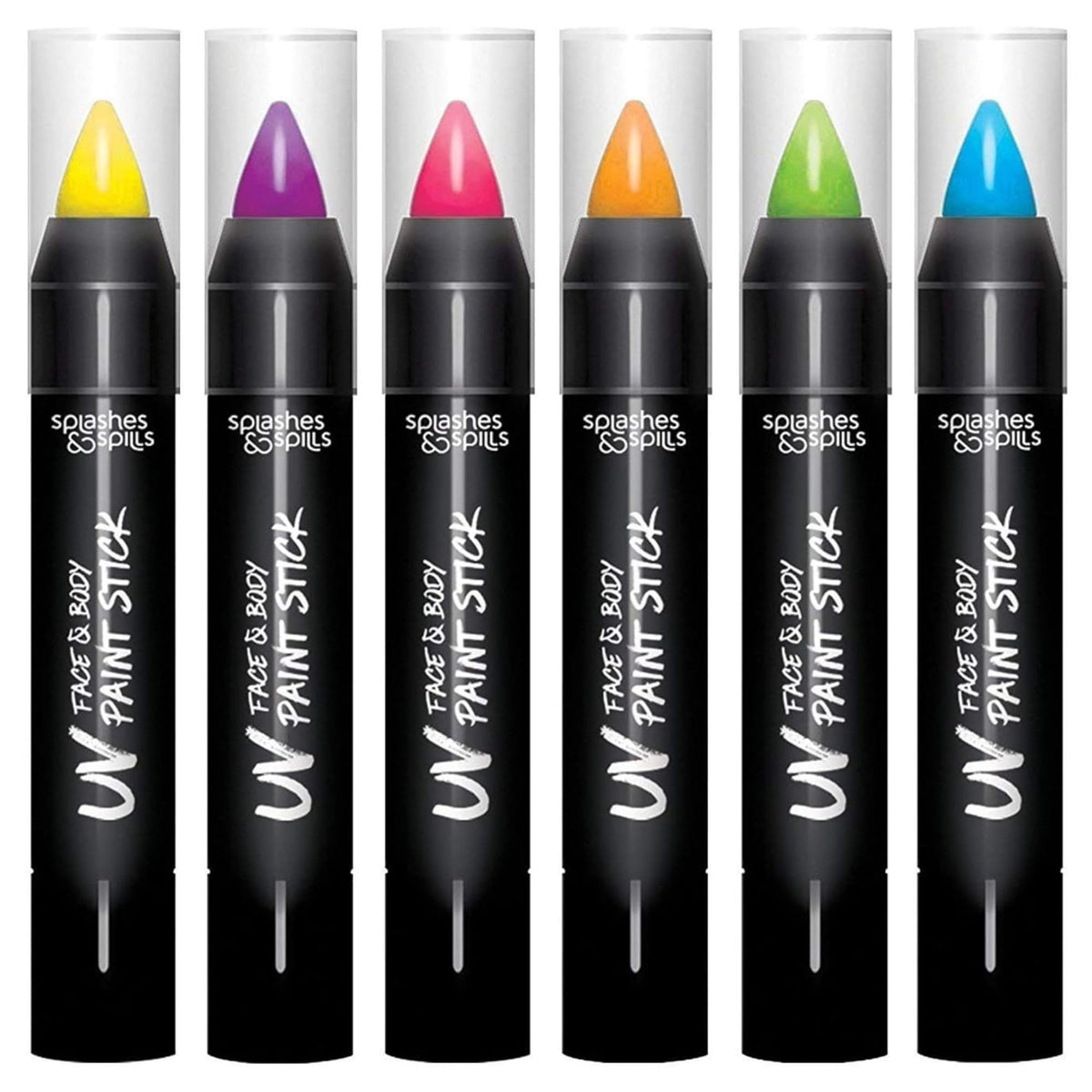 splashes & spills front packshot showing six neon sticks and clear labeling for quick selection