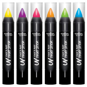 splashes & spills front packshot showing six neon sticks and clear labeling for quick selection