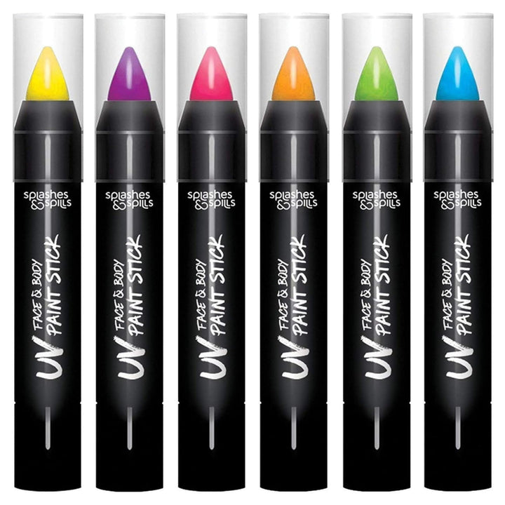 splashes & spills front packshot showing six neon sticks and clear labeling for quick selection