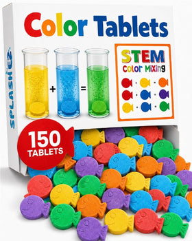 SplashEZ front box showing 150 FishFizz tablets and playful packaging benefits