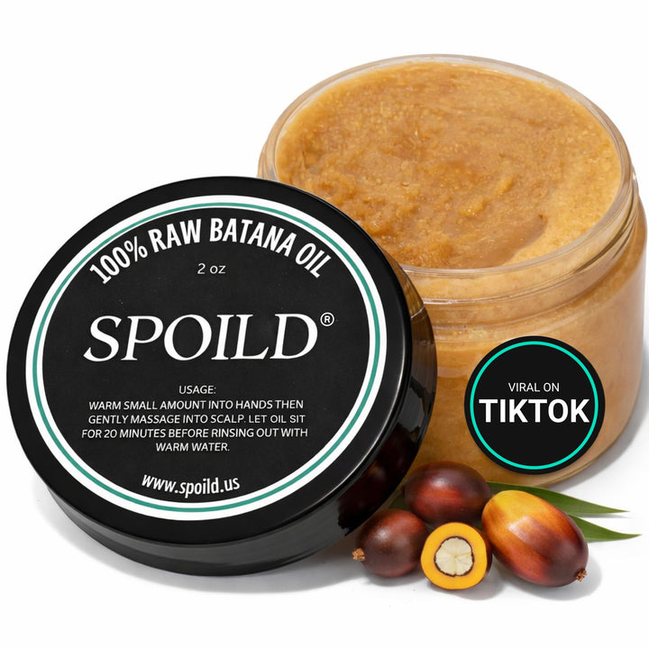 SPOILD batana oil front packaging showing label and 2 oz jar benefit natural nourishment