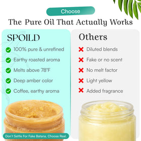 SPOILD batana oil next to ruler for scale showing compact 2 oz size benefit travel-friendly