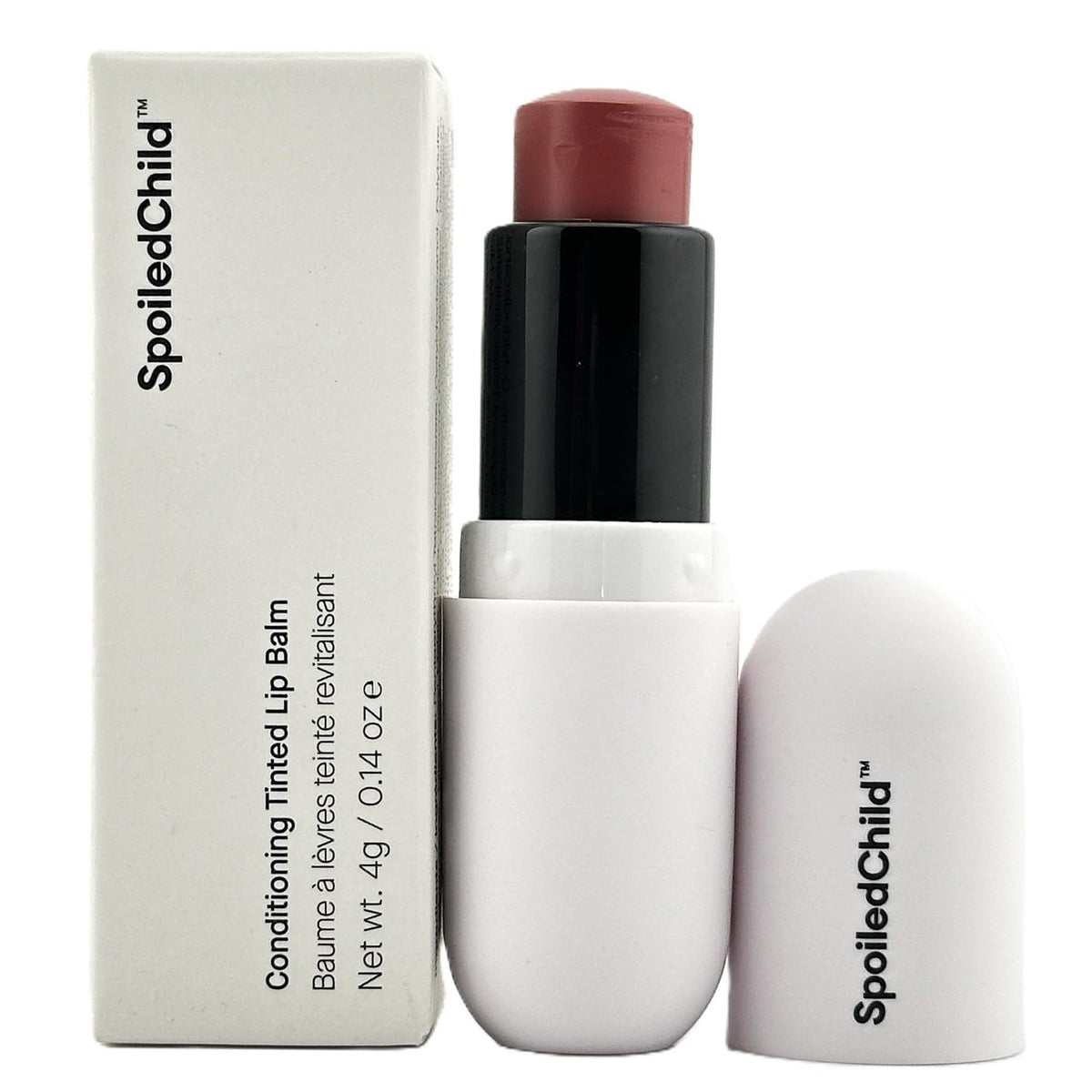 SpoiledChild front packaging showing natural pink balm and clear cap for easy identification