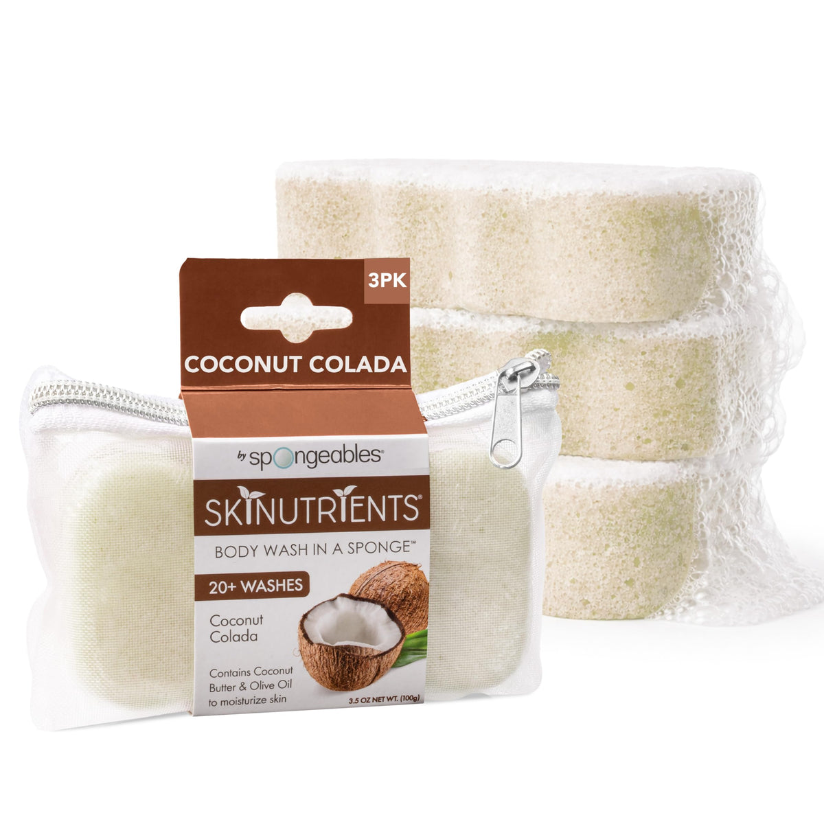 Spongeables front packaging showing three Coconut Colada sponges and benefits