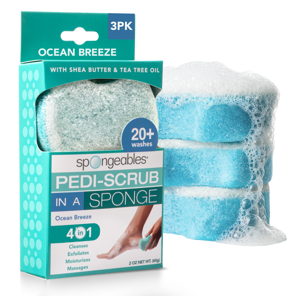 Spongeables front packaging showing Ocean Breeze scent and three-count convenience