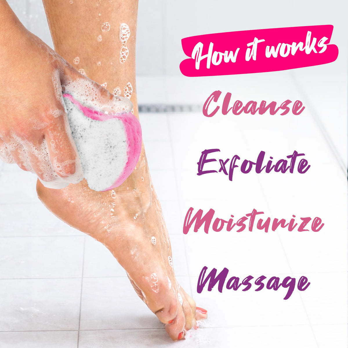 Spongeables in use scrubbing a heel demonstrating effective exfoliation and lather